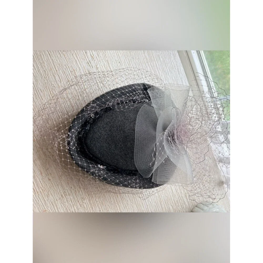 VTG Gray Wool Pillbox Mesh Veil Fascinator Hat